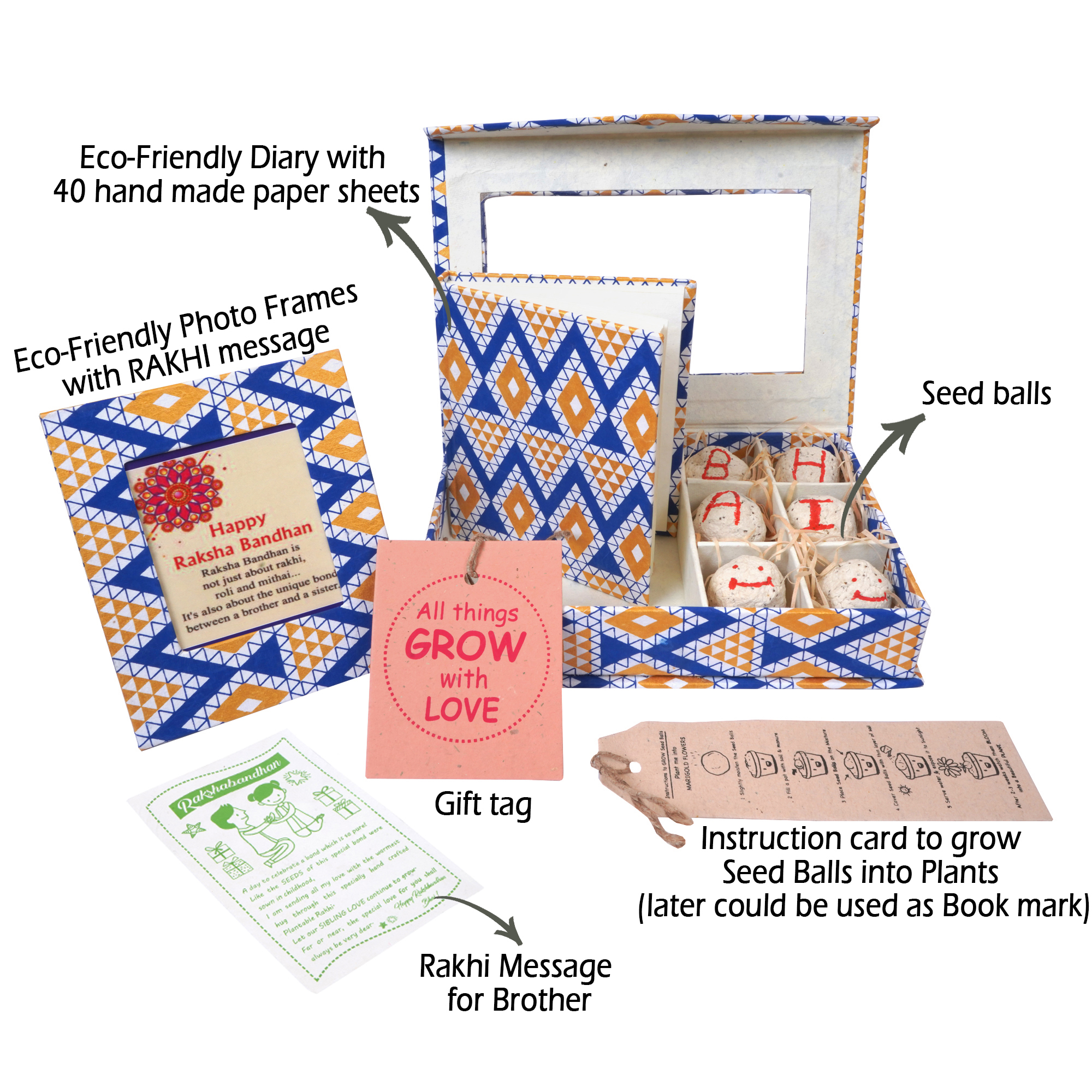 Blue Golden Rakhi Window Hamper Box with Plantable Seed Ball + Diary + Seed Peb + Small Photov Frame