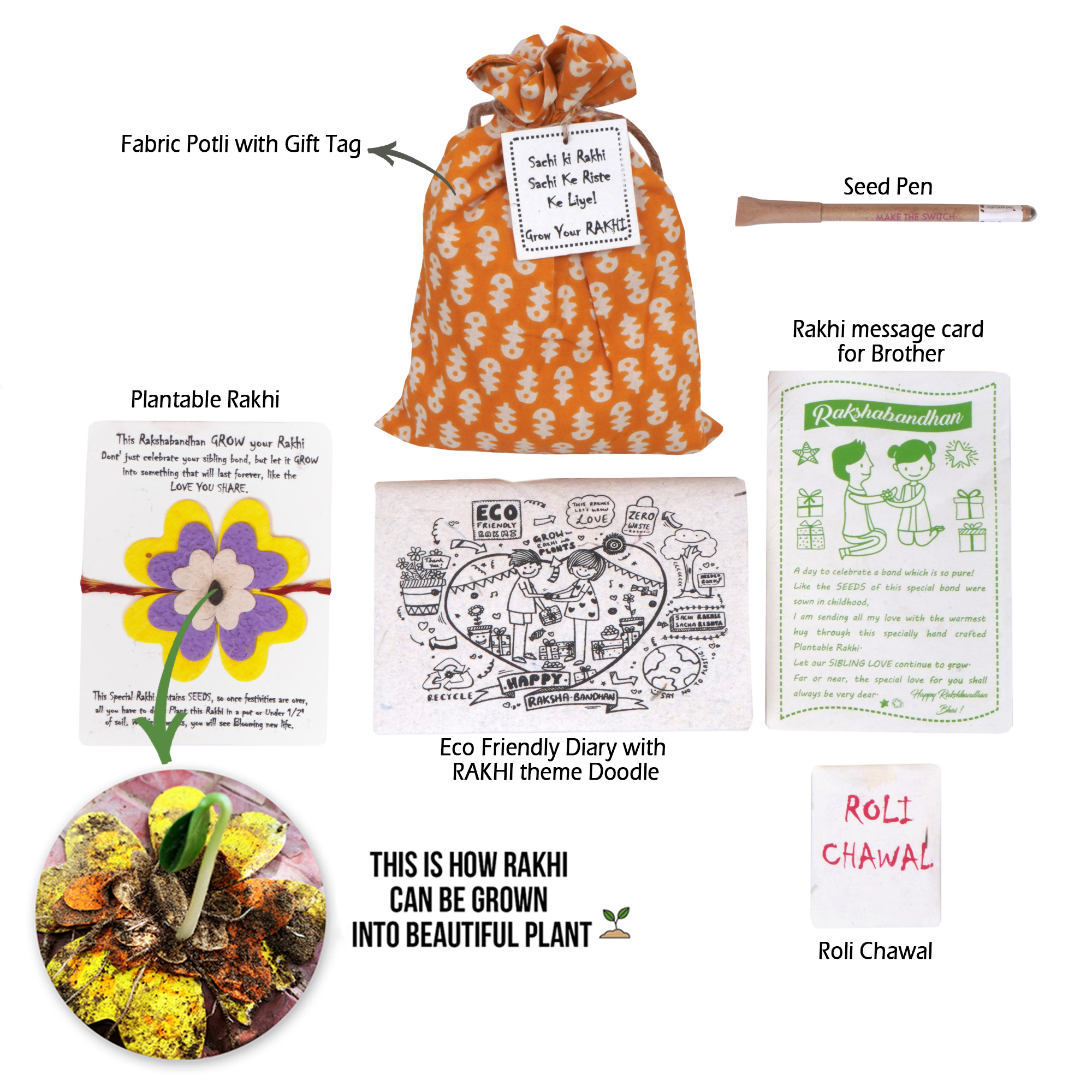 Rakhi Fabric Potli with Palnatable Rakhi + Diary + Seede Pen