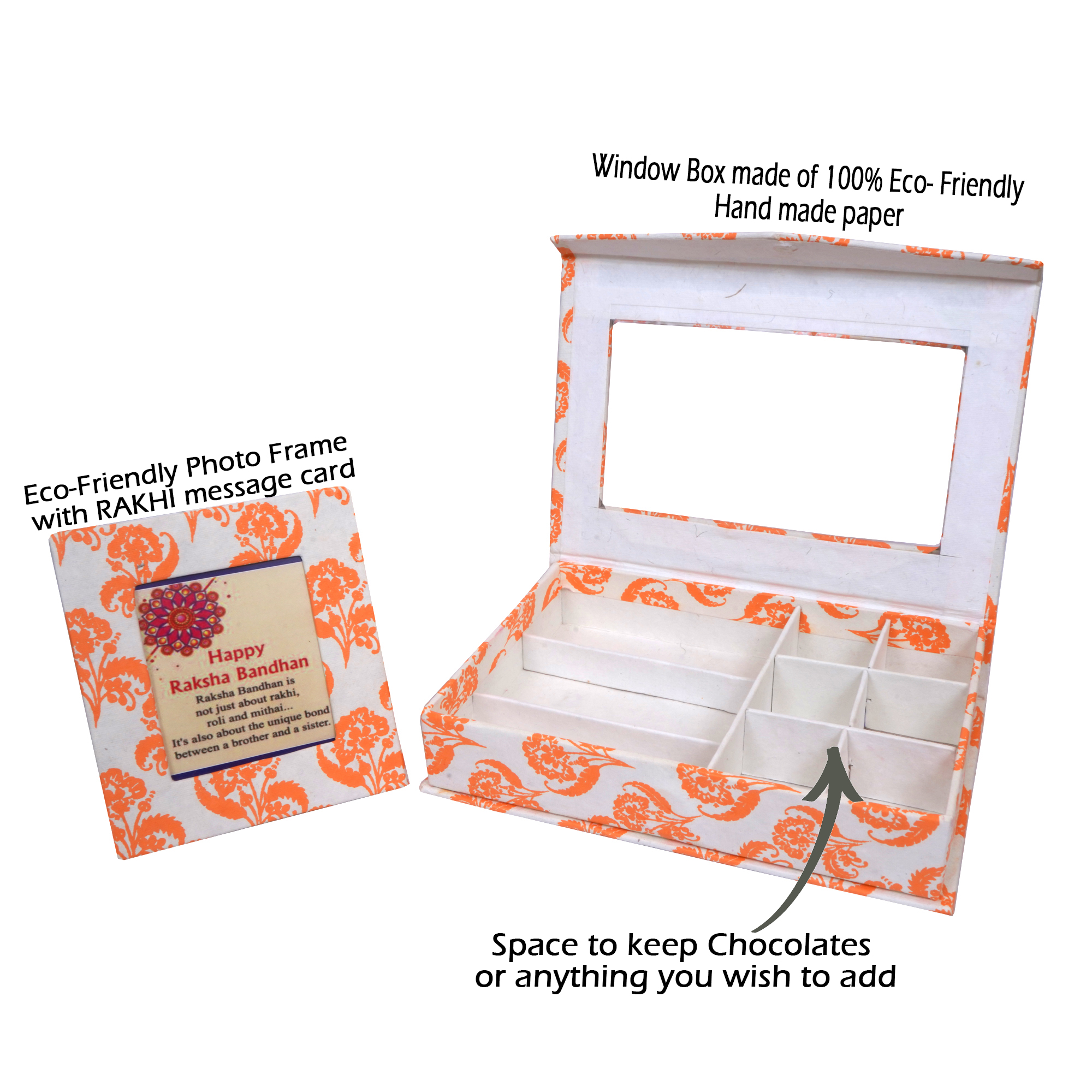Orange Choclate Window Box with Photo Frame with Rakhi Message card
