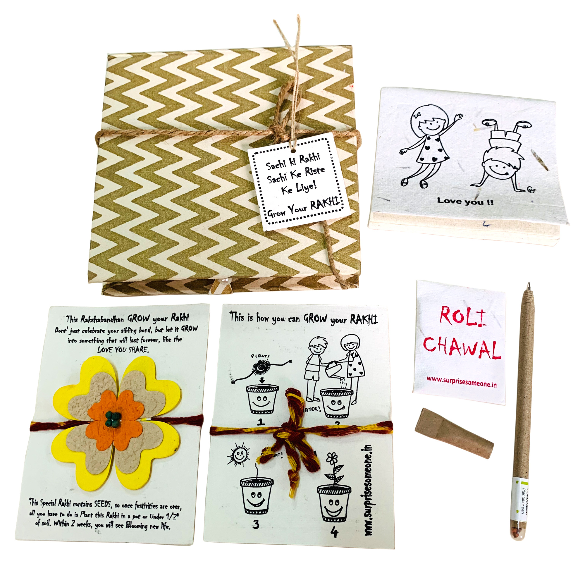 White Golden Box with Plantable Eco Friendly Rakhi with diary and Plantable pen