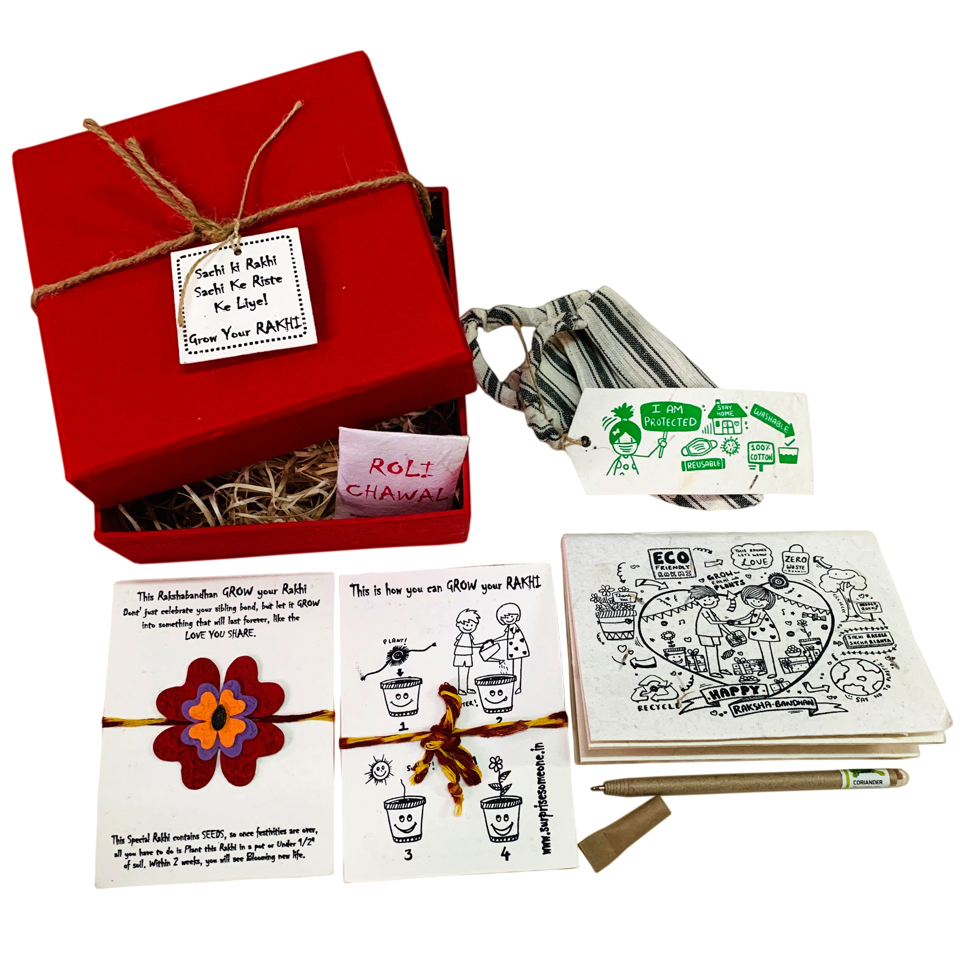 Red Square Rakhi Box- Plantable Eco Friendly Rakhi with Diary and Seed pen