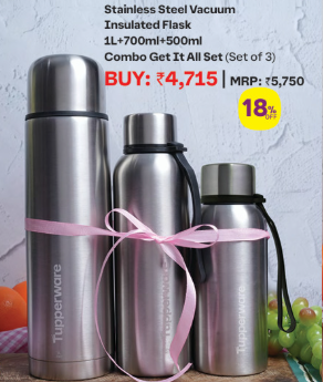 Tupper Ware(Stainless Steel Vacuum Insulated Flask Combo Set of 3)