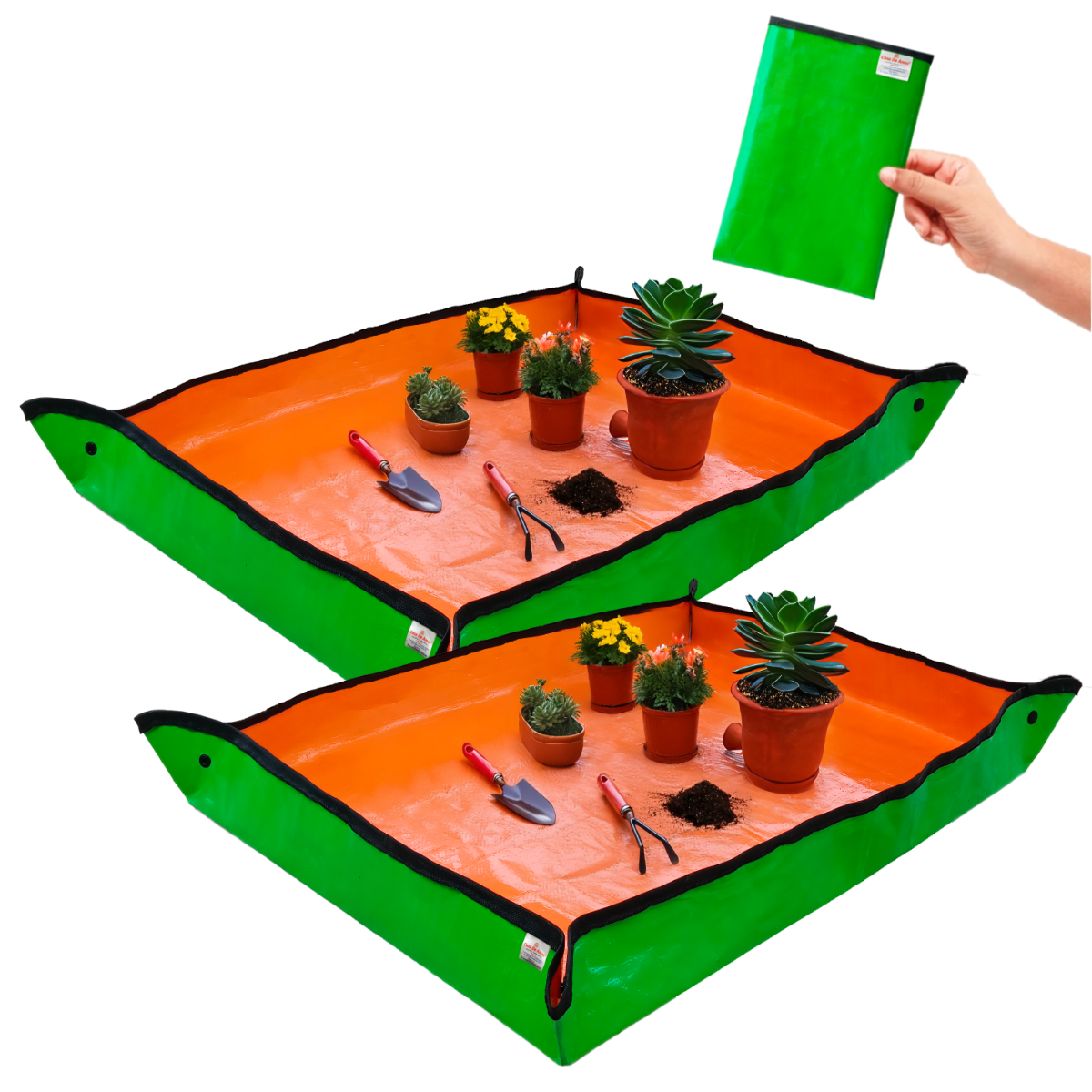 Gardening Mat 75x100 cm | Waterproof & Foldable HDPE Mat with Snap Buttons | for Soil Mixing, DIY & Plant Care | Green-Orange (Pack of 2)