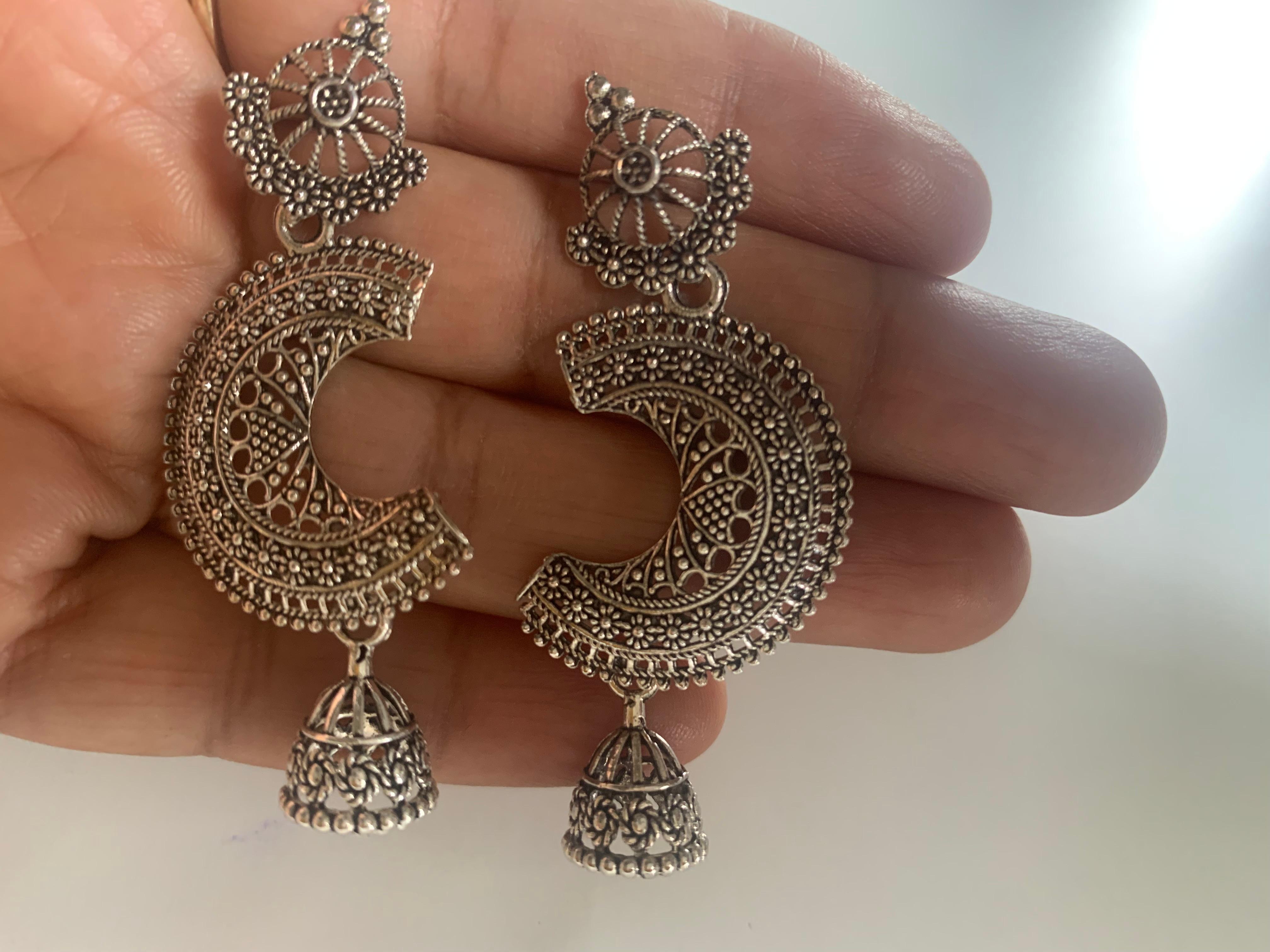 Antique Silver-Plated Crescent Jhumka Earrings
