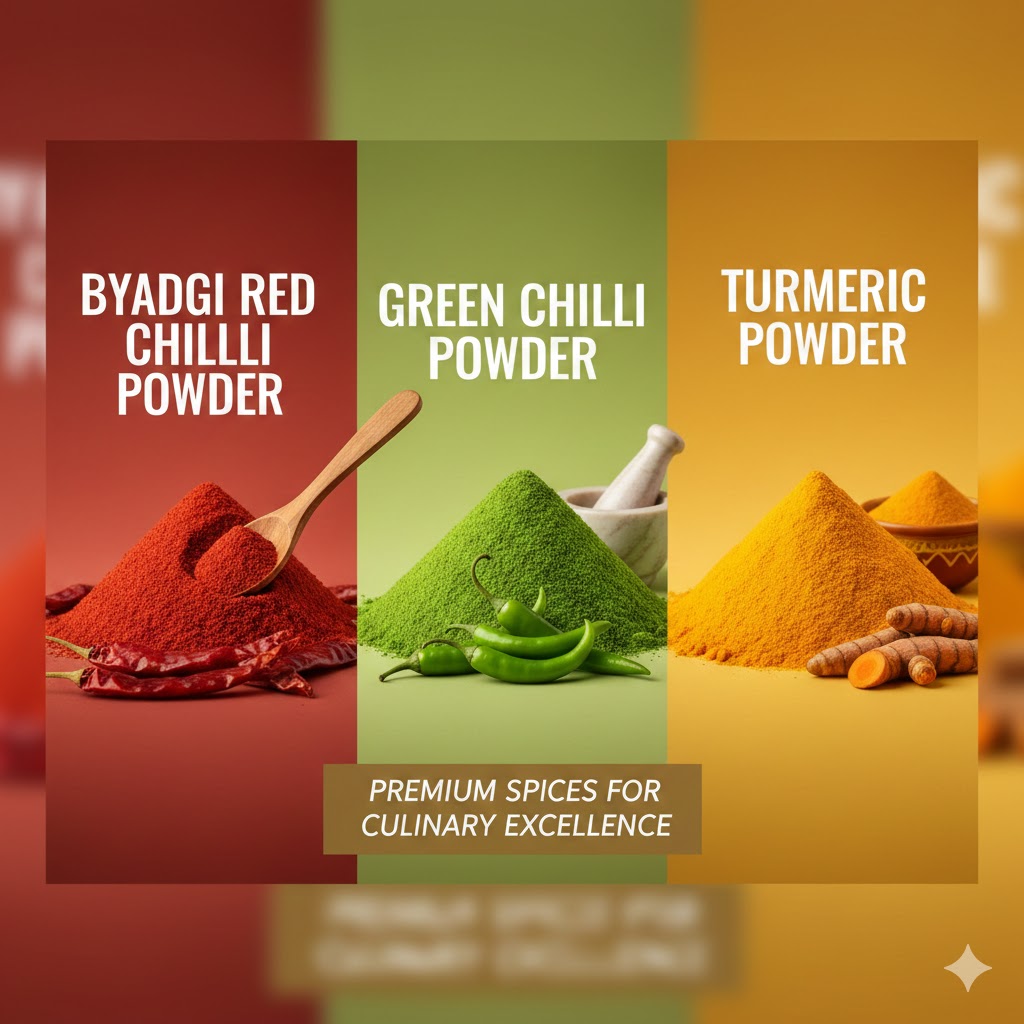  Byadgi Red Chilli Powder, Green Chilli Powder, Turmeric Powder 