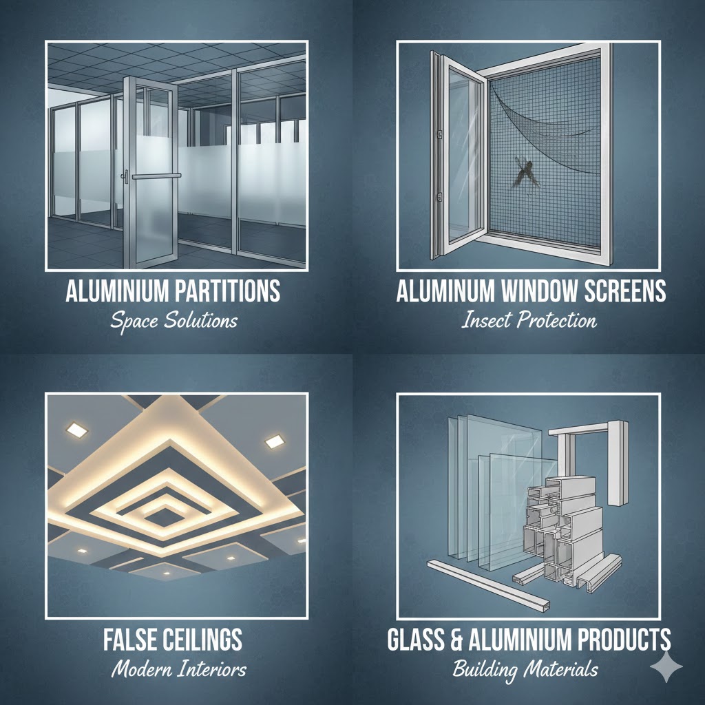  aluminium partitions, aluminum window screens, false ceilings, and related glass and aluminium products