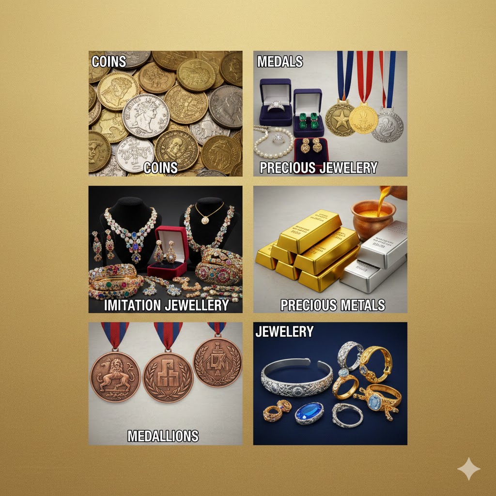 Coins; Imitation Jewellery; Medallions; Medals; Precious Metals; Precious Jewellery; Jewellery Incorporating Precious Stones; Jewellery Of Precious Metals; Component Parts For Jewellery;
