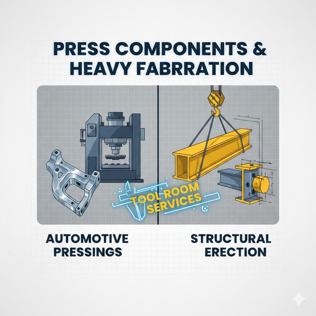 Leaders in press components for automobile sector. Also offering tool room services, fabrication and erection of heavy structures.