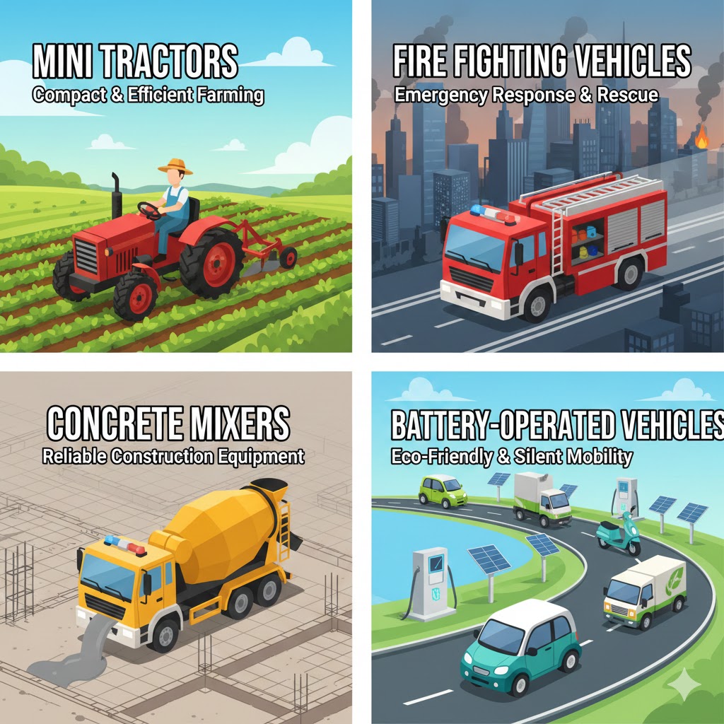 mini tractors, fire fighting vehicles, concrete mixers, battery-operated vehicles, 