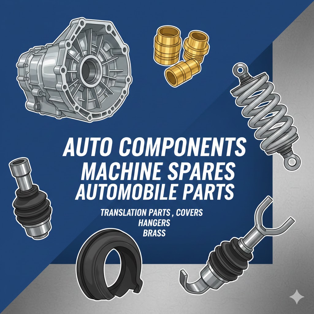  auto components, machine spares, automobile parts, translation parts, covers, hangers and brass.