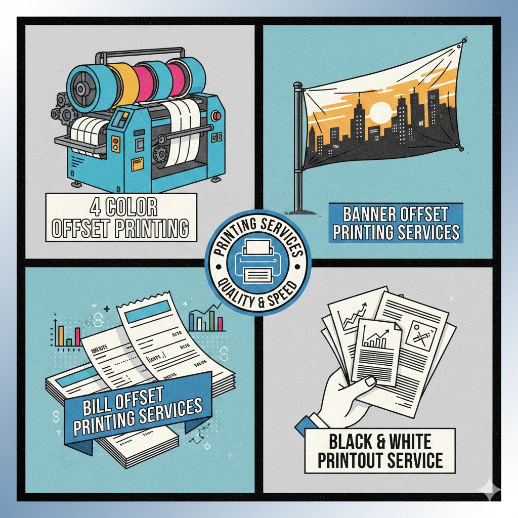 printing services including 4 Color Offset Printing, Banner Offset Printing Services, Bill Offset Printing Services, and Black & White Printout Service. 