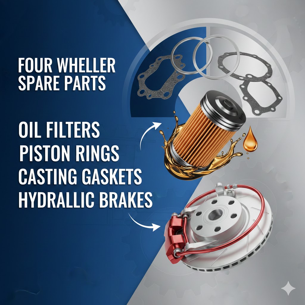  Four wheeler spare parts:-oil filters, piston ring casting gaskets, hydraulic brakes etc
