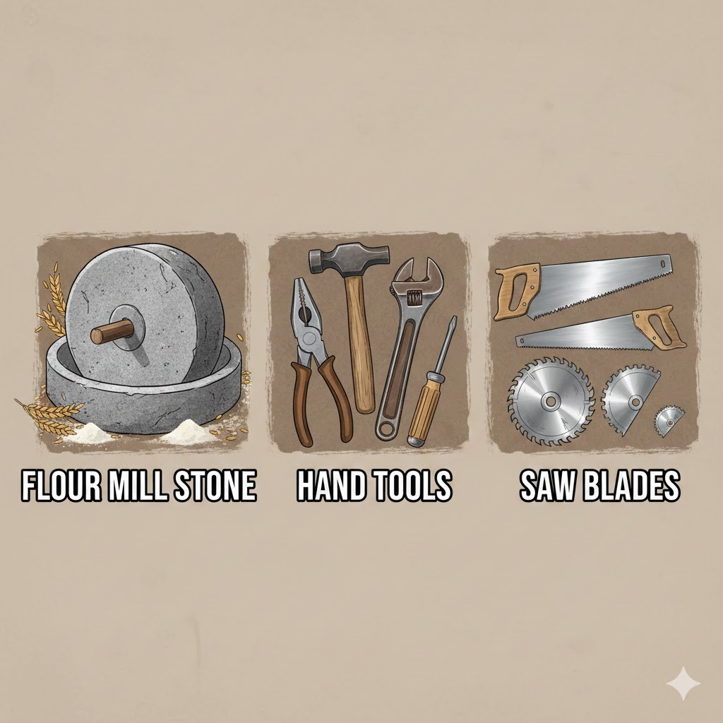 flour mill stone, hand tools & saw blade