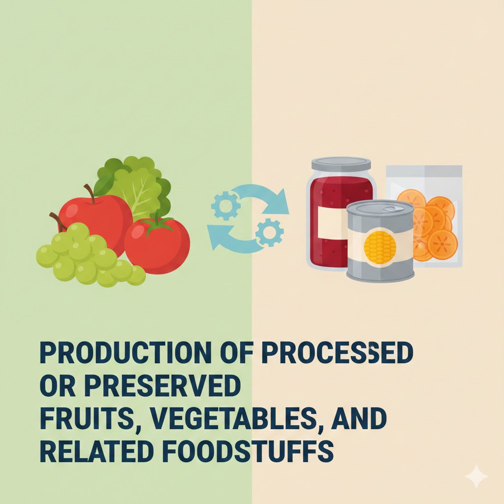  production of processed or preserved fruits, vegetables, and related foodstuffs.