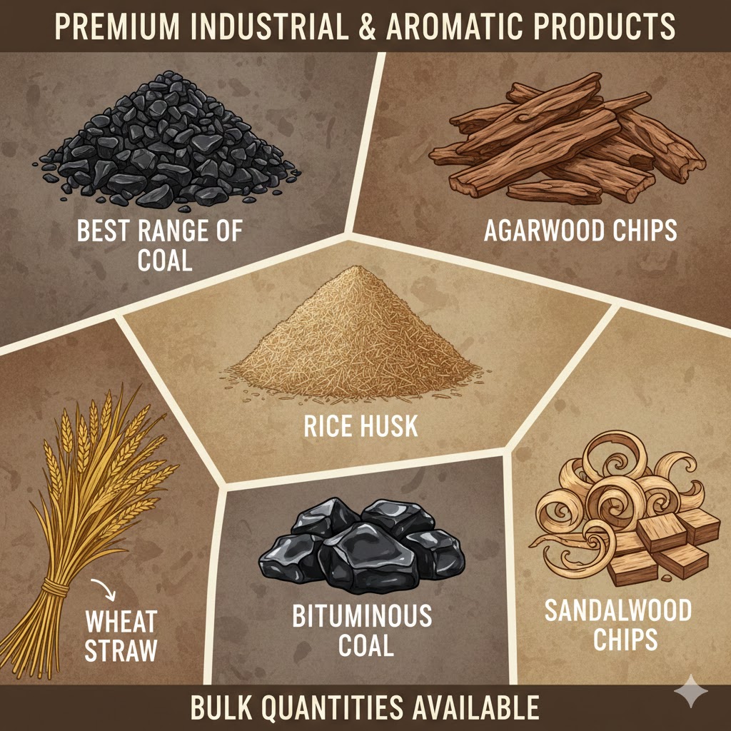 coal, agarwood chips, rice husk, wheat straw, bituminous coal & sandalwood chips