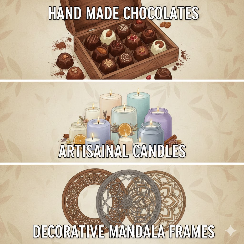 Hand made choclates , candles, mandla frames