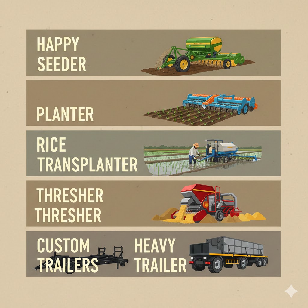  happy seeder, planter, rice transplanter, thresher, custom trailers & heavy trailer