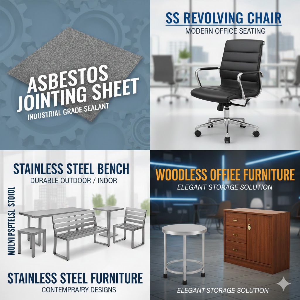asbestos jointing sheet, ss revolving chair, stainless steel bench, stainless steel furniture, stainless steel stool & wooden office cabinet