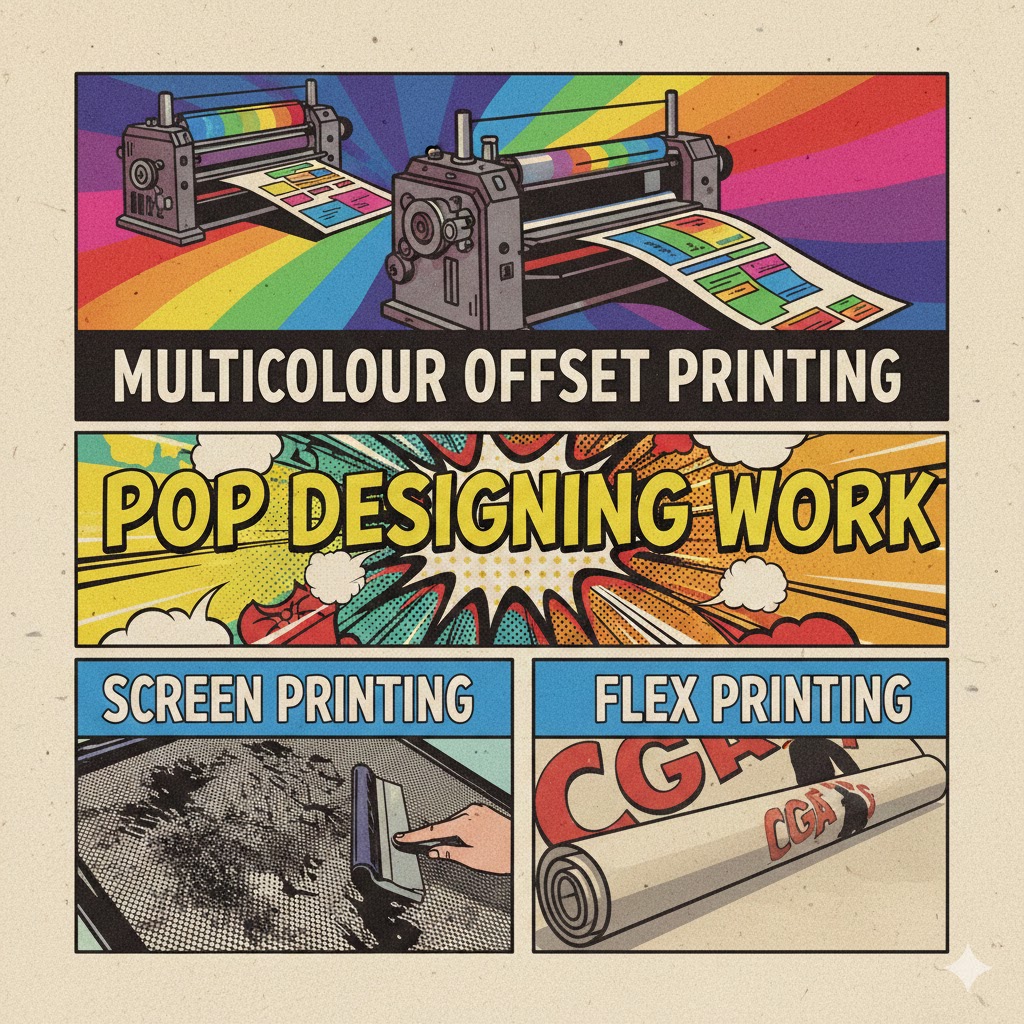  multicolour offset printing, pop designing work, screen printing & flex printing