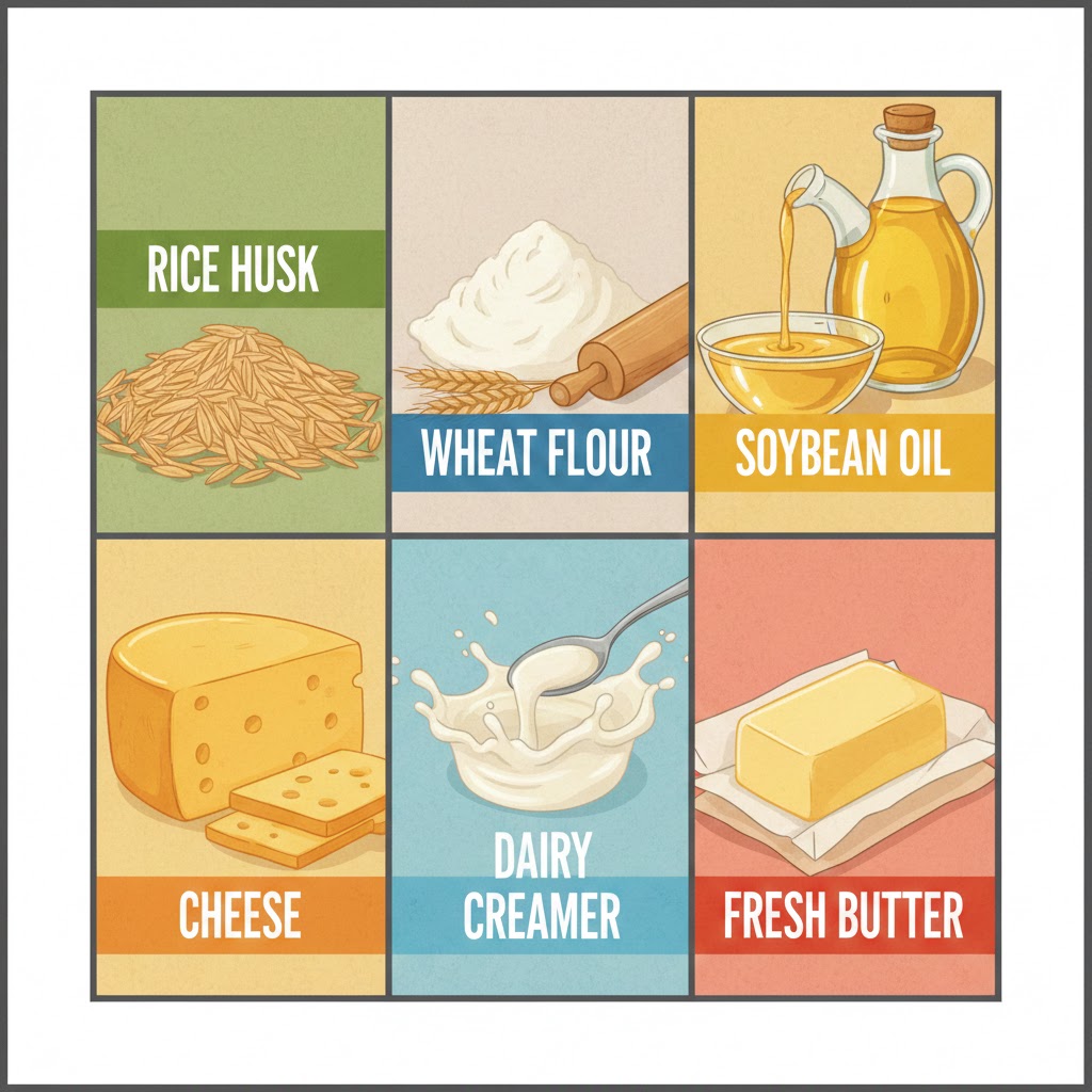  rice husk, wheat flour, soybean oil, cheese, dairy creamer & fresh butter 