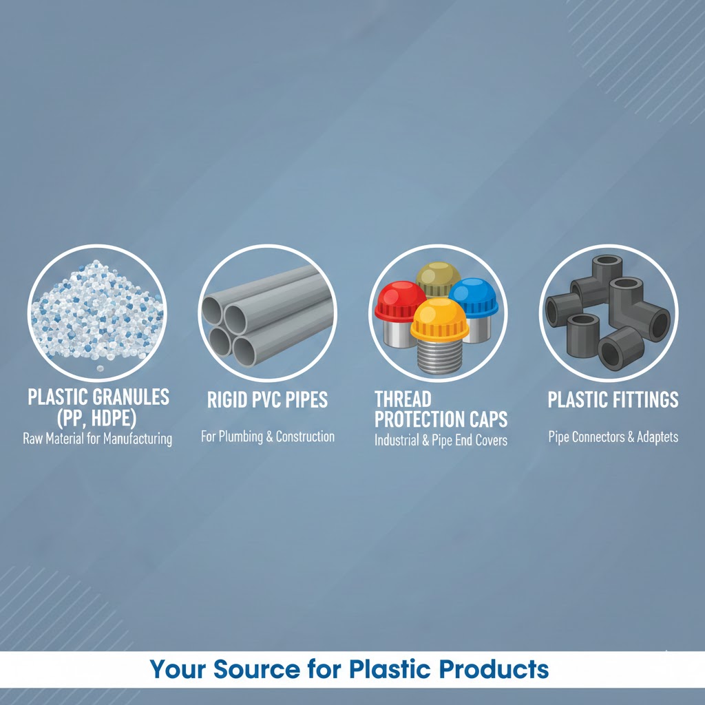 sells plastic granules (PP, HDPE), rigid PVC pipes, thread protection caps, and plastic fittings