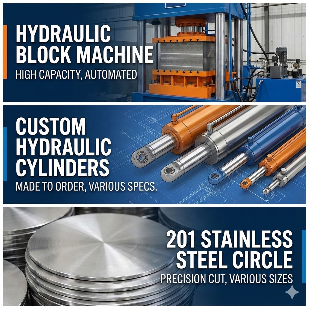  Hydraulic block machine, custom hydraulic cylinders, 201 stainless steel circle etc