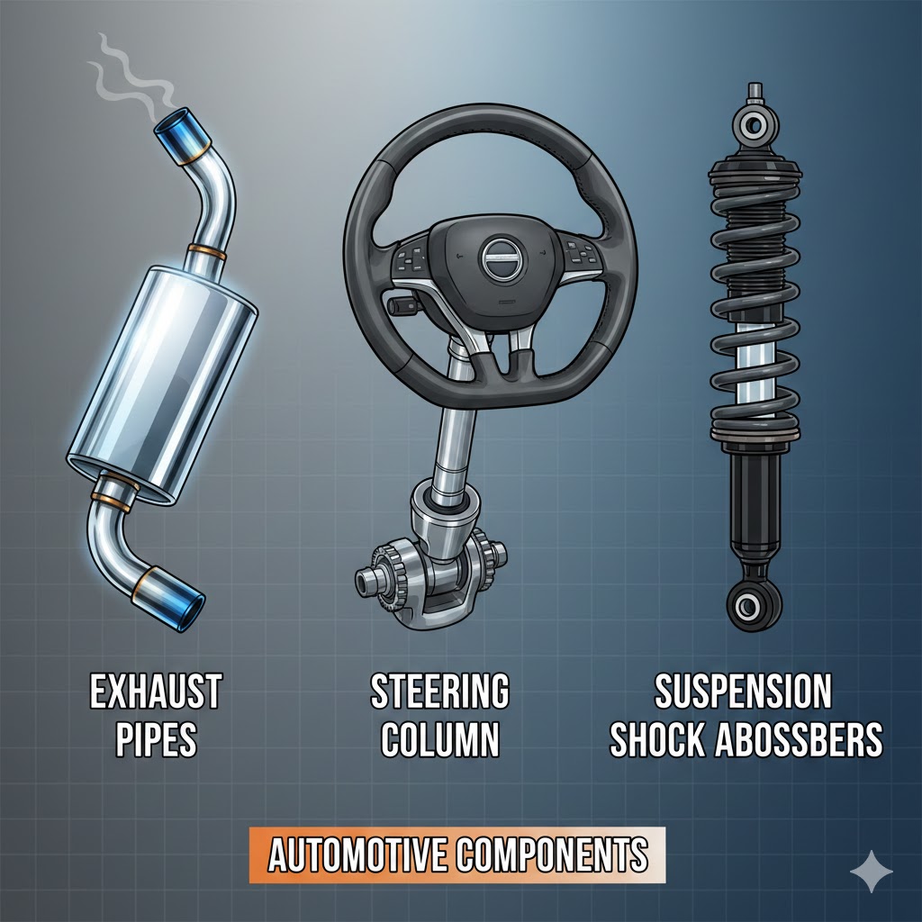 Exhaust pipes, steering column, suspension shock absorbers etc.