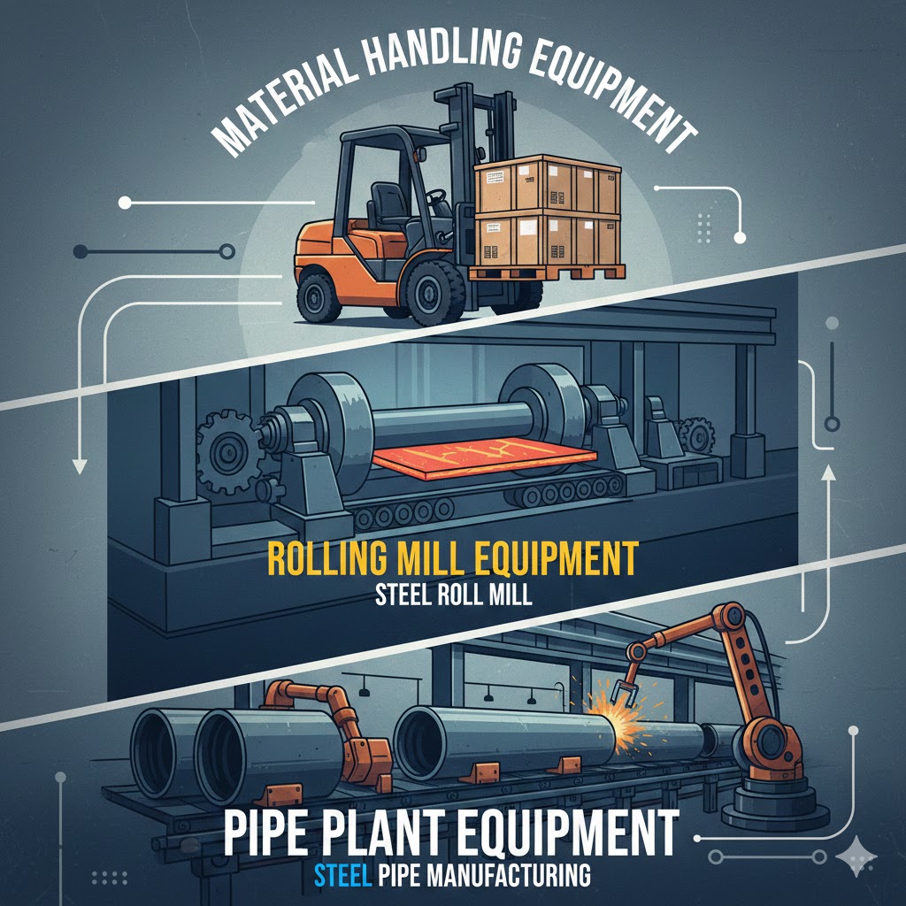  Material handling equipment, rolling mill equipment, pipe plant equipment:-steel roll mill etc
