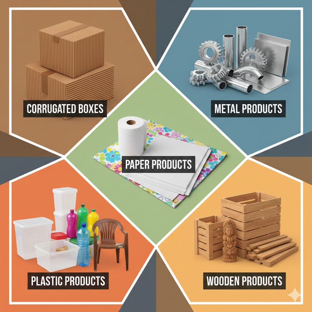 Corrugated boxes, metal, paper, plastic and wooden products.