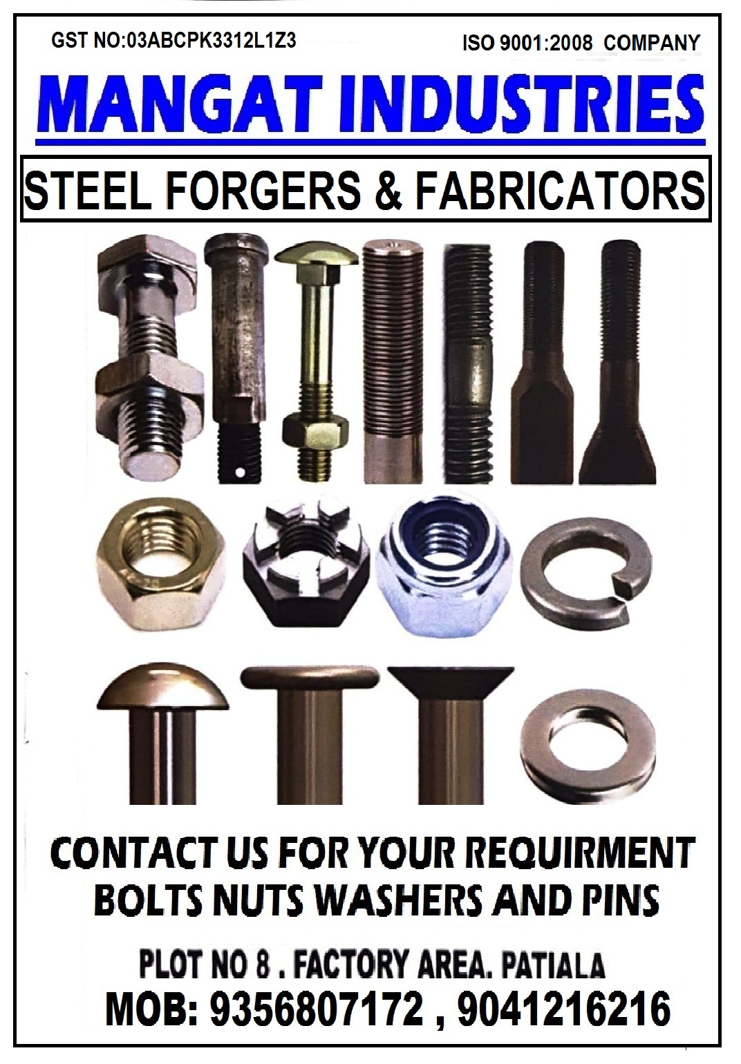 MANUFACTURER OF BOLTS, NUTS, WASHERS AND PINS 