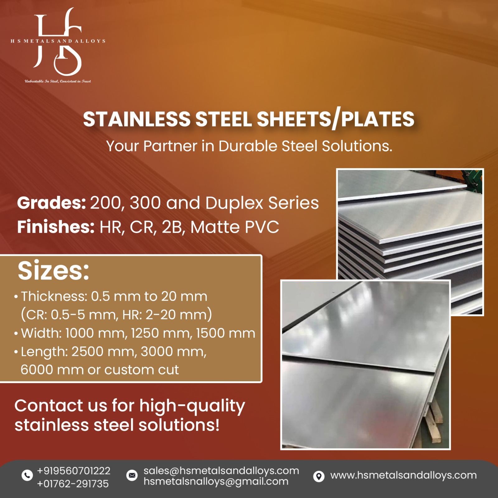 Stainless steel sheets, plates, coils, pipes and tubes, HR/CR sheets