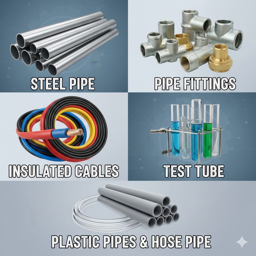steel pipe, pipe fittings, insulated cables, test tube, plastic pipes & hose pipe 