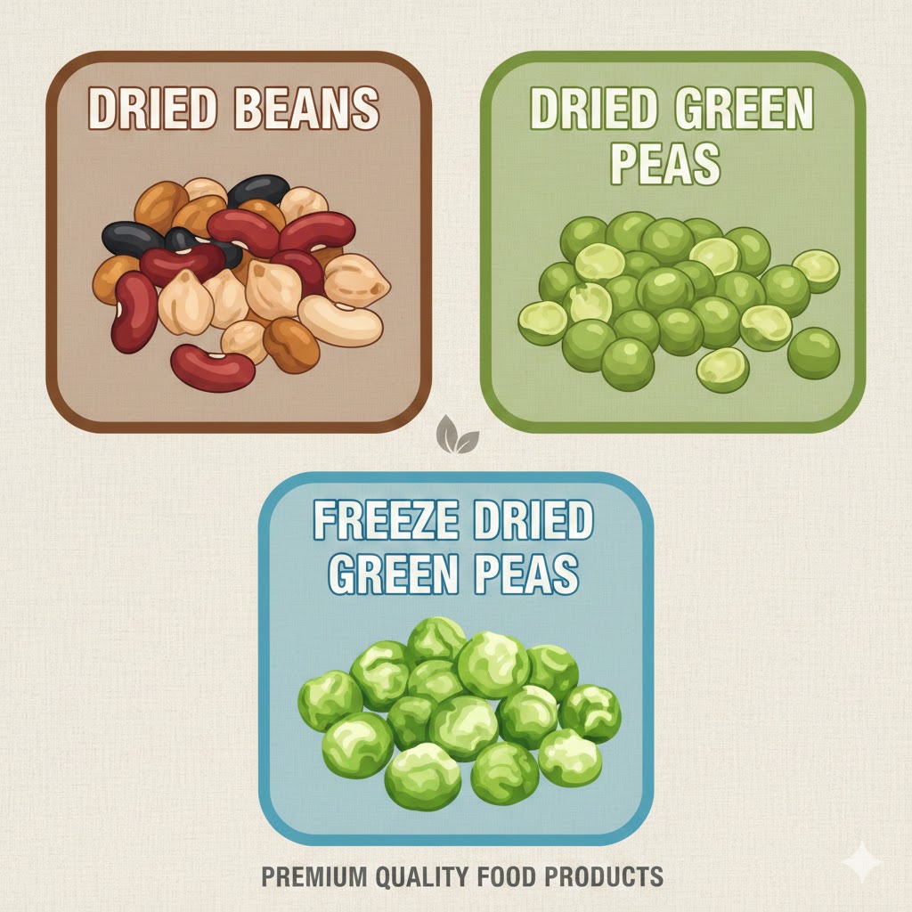dried beans, dried green pea & freeze dried green peas
