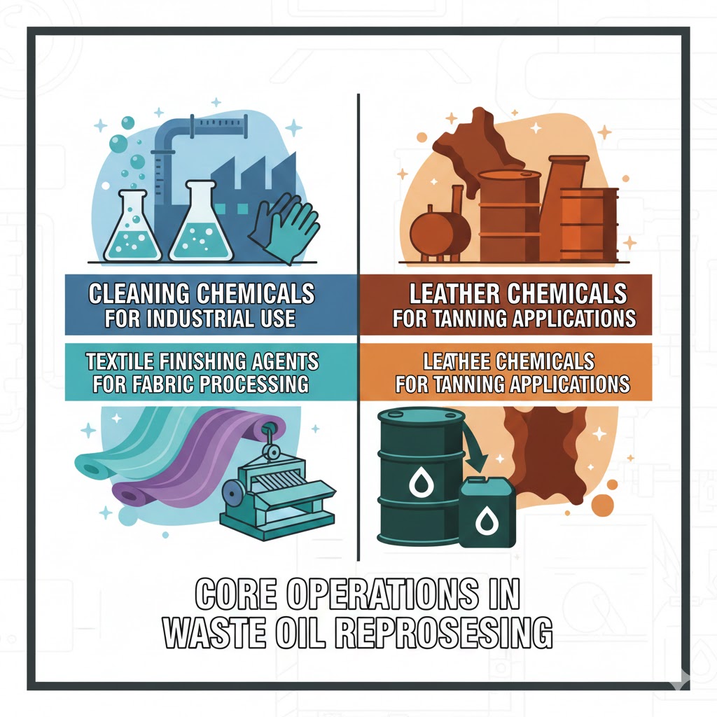 cleaning chemicals for industrial use, textile finishing agents for fabric processing, and leather chemicals for tanning applications, with core operations in waste oil reprocessing