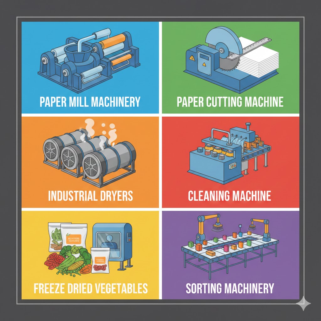  paper mill machinery, paper cutting machine, industrial dryers, cleaning machine, freeze dried vegetables & sorting machinery