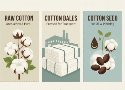  raw cotton, cotton bales and cotton seed.