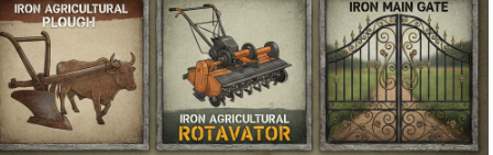  iron agricultural plough, iron agricultural rotavator & iron main gate 