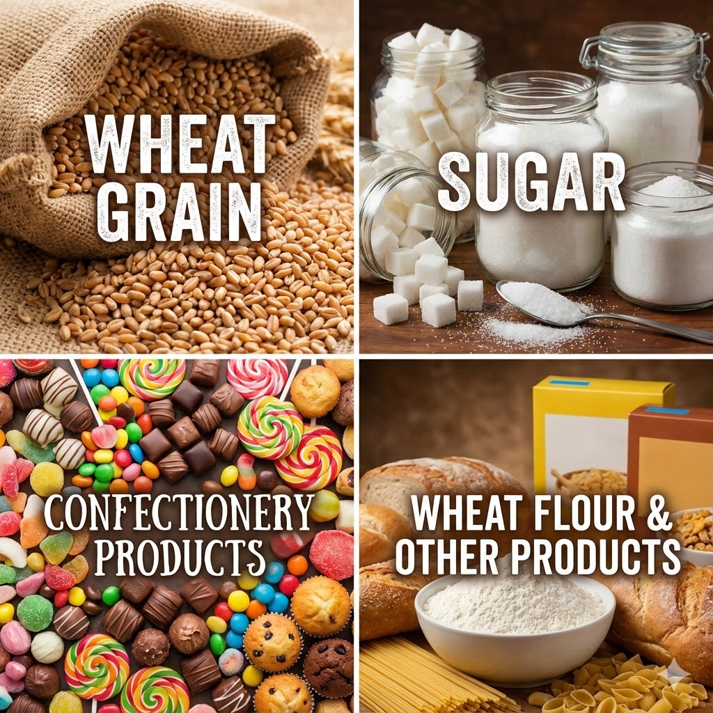 wheat grain, sugar, confectionery products, wheat flour & other products 