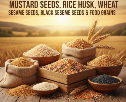 mustard seeds, rice husk, wheat, sesame seeds, black sesame seeds & food grains