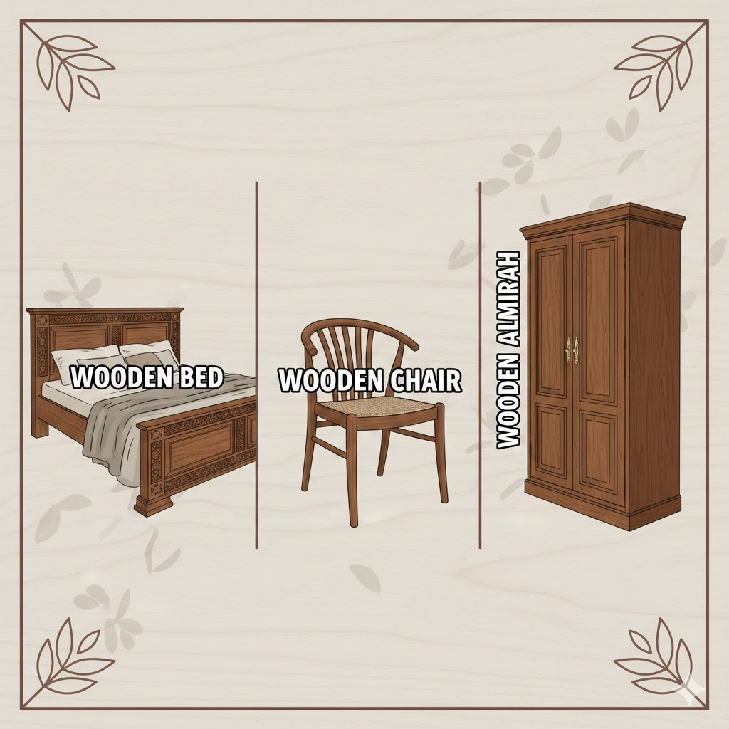 wooden bed, wooden chair & wooden almirah