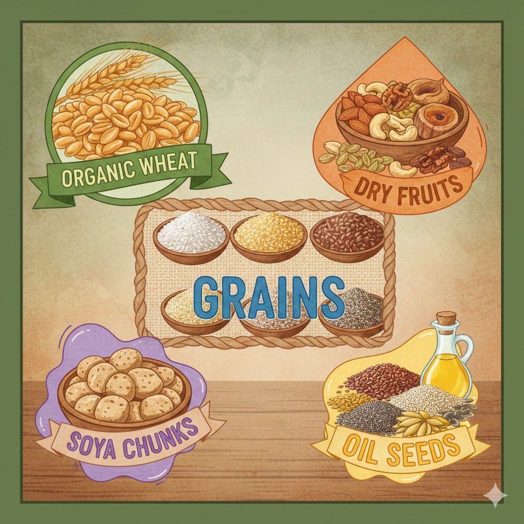 organic wheat, dry fruits, grains, soya chunks & oil seeds 