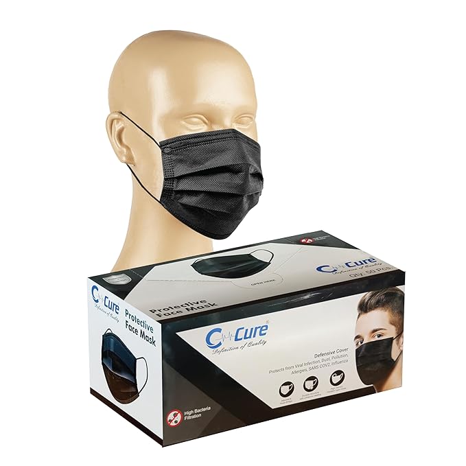 C Cure Protective Face Mask |Disposable 3 Ply Mask with Elastic Earloop & Nosepin  (50 Pcs/Box) Black