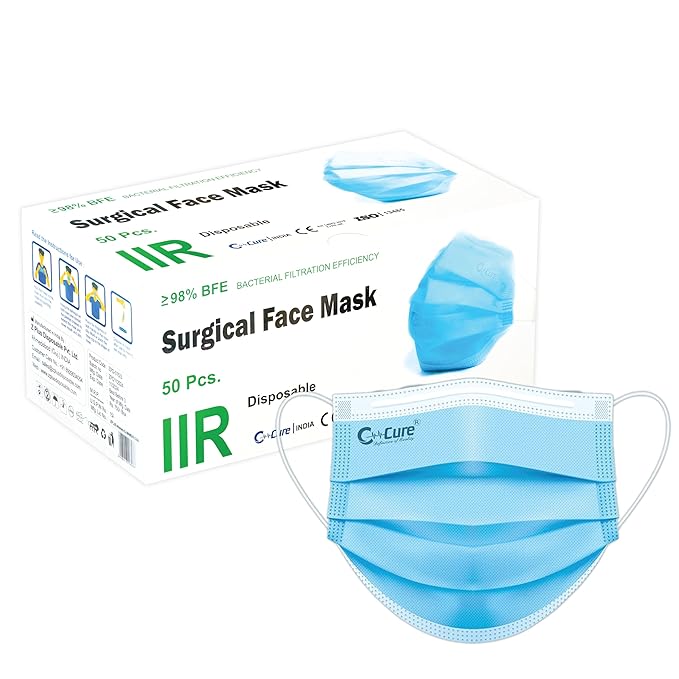 C-Cure Disposable 3Ply Face Mask | Medical Mask with Filter Meltblown| Premium IIR Face Mask| Blue 50Pcs/Box