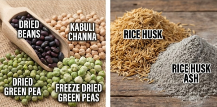  dried beans, kabuli channa, dried green pea, freeze dried green peas, rice husk & rice husk ash 
