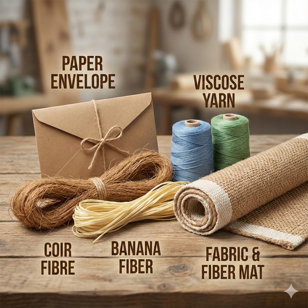  paper envelope, coir fibre, banana fiber, viscose yarn, fabric & fiber mat 
