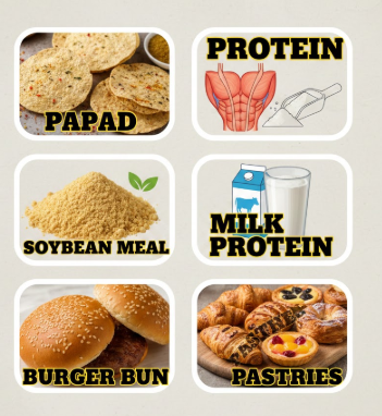 papad, protein, soybean meal, milk protein, burger bun & pastries 