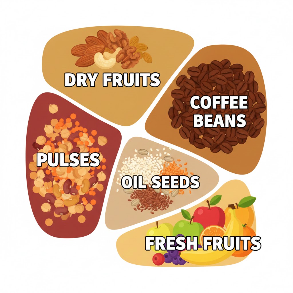  pulses, dry fruits, coffee beans, oil seeds & fresh fruits