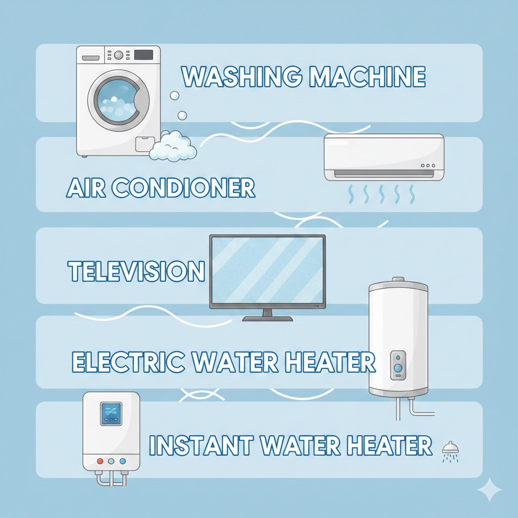  washing machine, air conditioner, television, electric water heater, instant water heater & oil immersion heater