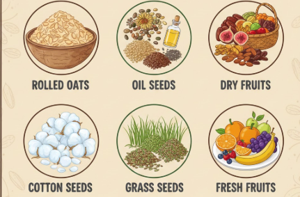 rolled oats, oil seeds, dry fruits, cotton seeds, grass seeds & fresh fruits