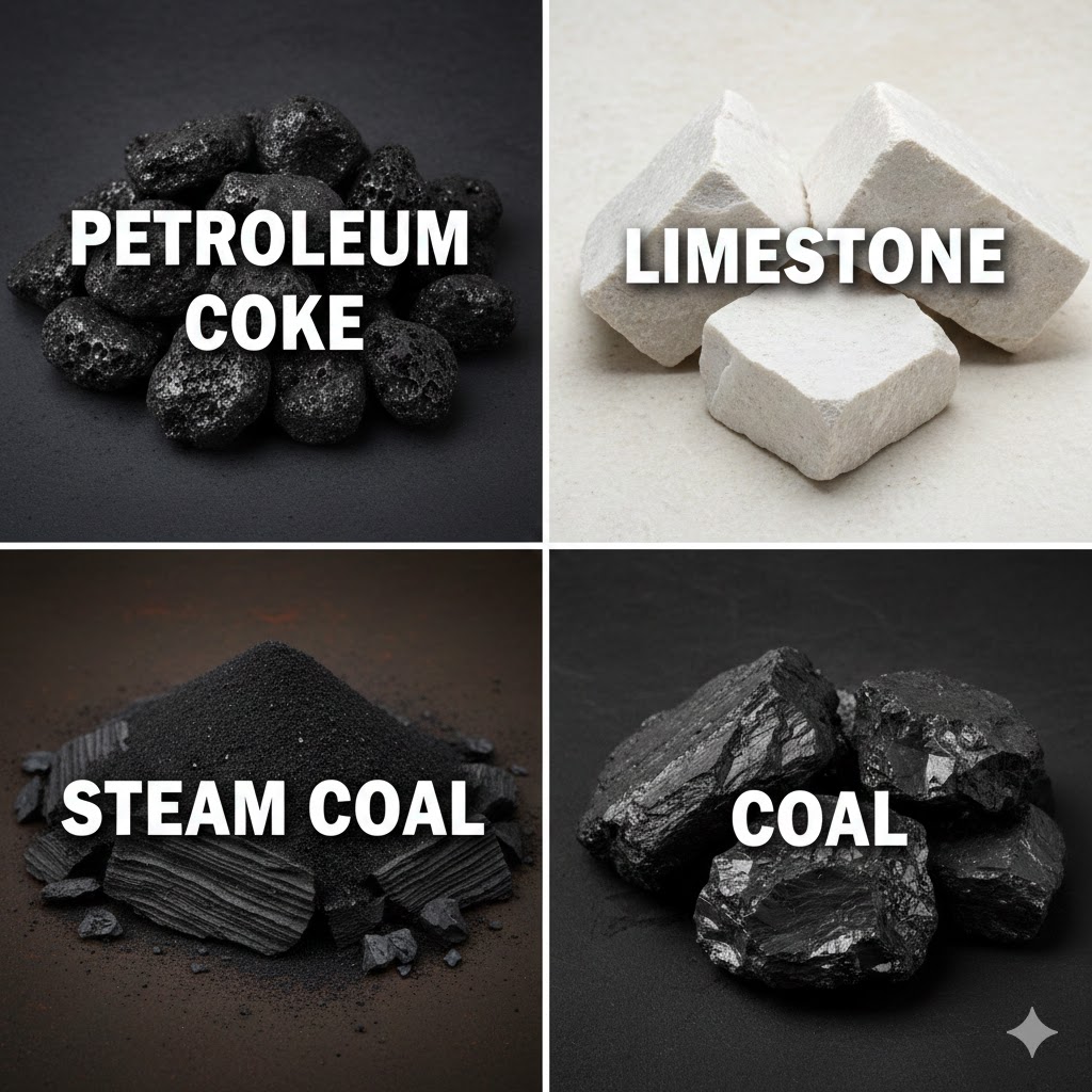petroleum coke, quick lime, limestone, steam coal & coal